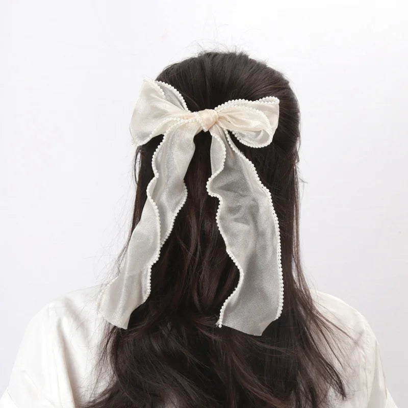 test--Women Korean Pearl Streamer Bows Hair Clip Ponytail Hairpin Duckbill Clip Pearl Chiffon Bowknot Hair Grips Barrettes Headdress