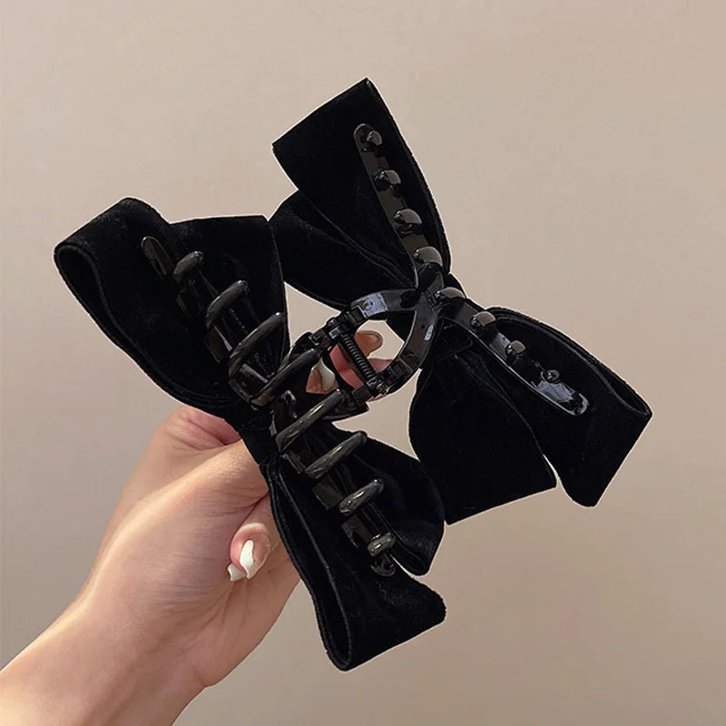 Advanced Texture Velvet Hair Clips Black Double-Sided Bow Shark Clips Women Back Head Hairpin Fashion Barrettes Hair Accessories
