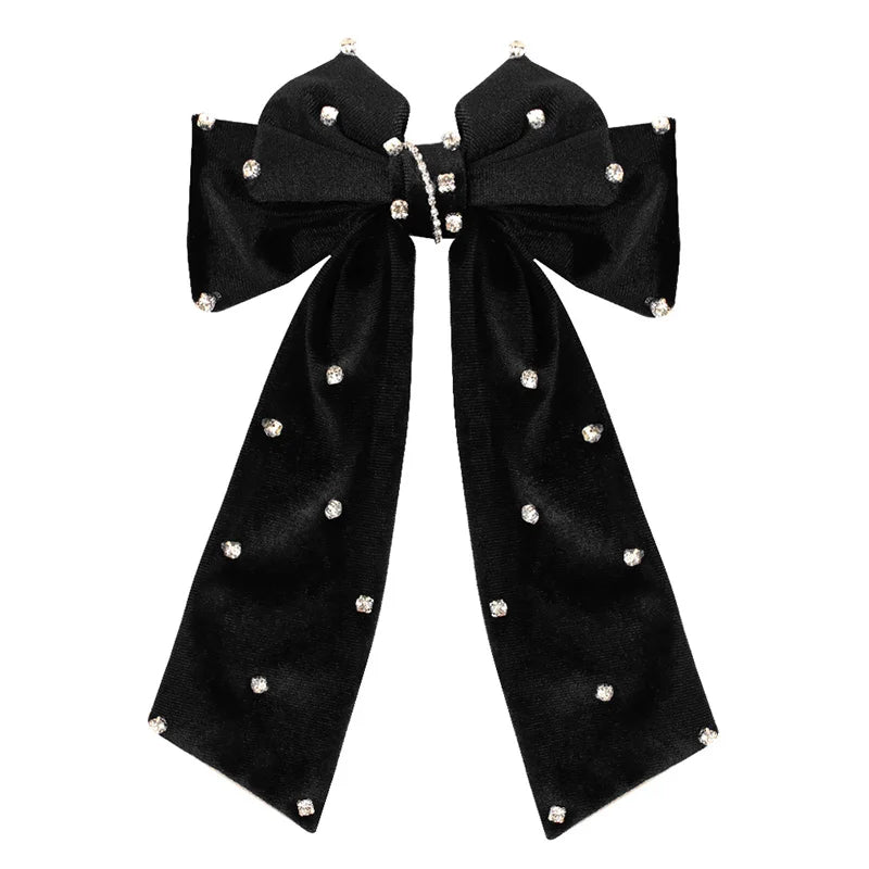 Long Ribbon Hair Bow Clips Big Bows Velvet rhinestones Barrette Vintage Women Hair Accessories French Hairpins Girls Hair Grips