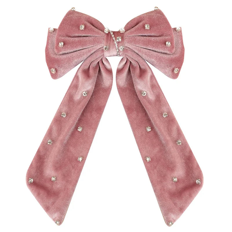 Long Ribbon Hair Bow Clips Big Bows Velvet rhinestones Barrette Vintage Women Hair Accessories French Hairpins Girls Hair Grips