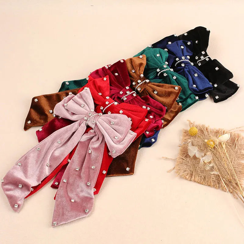 Long Ribbon Hair Bow Clips Big Bows Velvet rhinestones Barrette Vintage Women Hair Accessories French Hairpins Girls Hair Grips