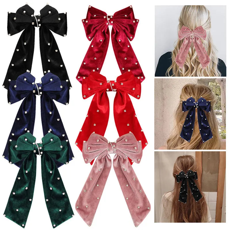 Long Ribbon Hair Bow Clips Big Bows Velvet rhinestones Barrette Vintage Women Hair Accessories French Hairpins Girls Hair Grips