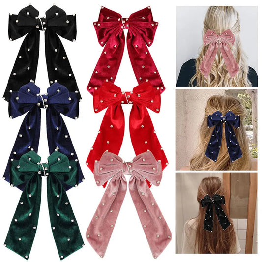 Long Ribbon Hair Bow Clips Big Bows Velvet rhinestones Barrette Vintage Women Hair Accessories French Hairpins Girls Hair Grips