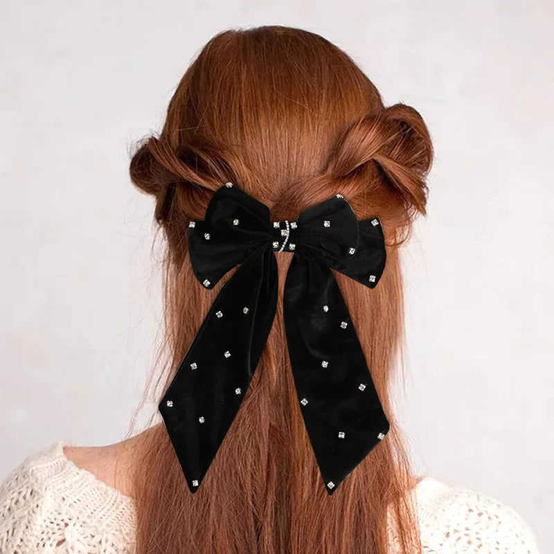 Long Ribbon Hair Bow Clips Big Bows Velvet rhinestones Barrette Vintage Women Hair Accessories French Hairpins Girls Hair Grips
