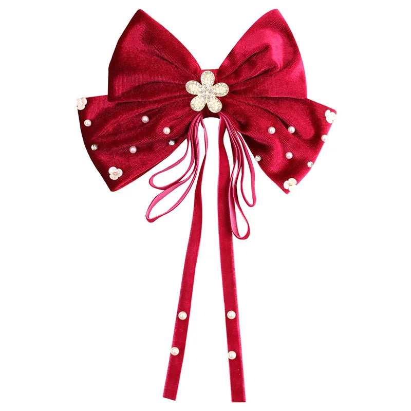 Long Ribbon Hair Bow Clips Big Bows Velvet rhinestones Barrette Vintage Women Hair Accessories French Hairpins Girls Hair Grips