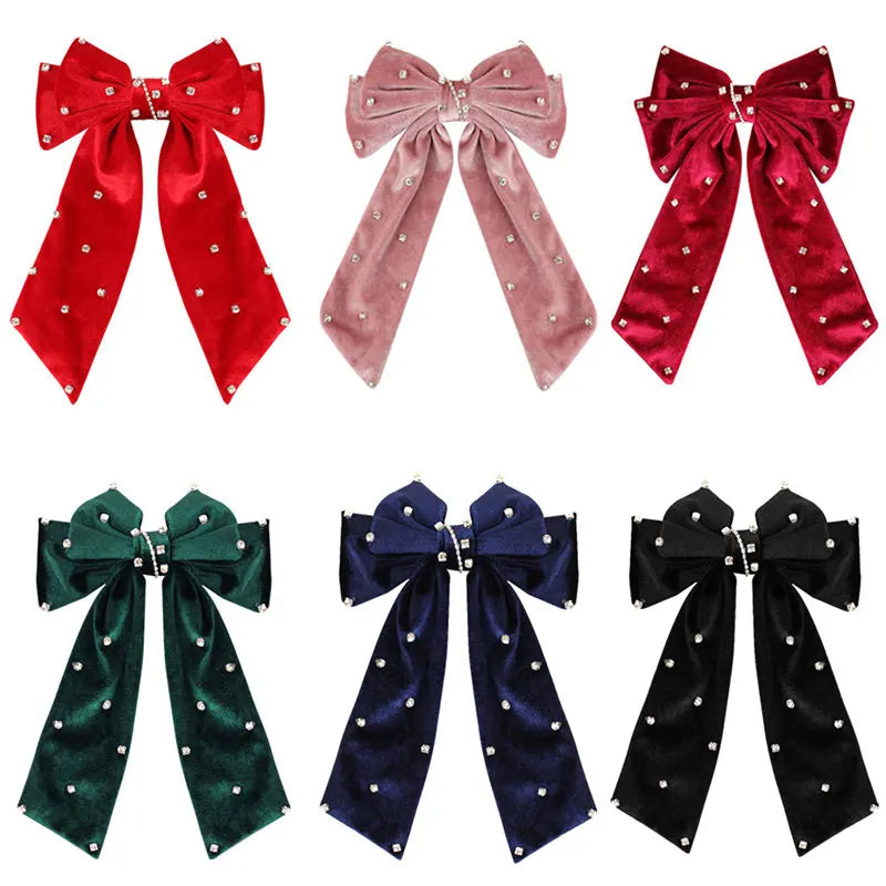 Long Ribbon Hair Bow Clips Big Bows Velvet rhinestones Barrette Vintage Women Hair Accessories French Hairpins Girls Hair Grips