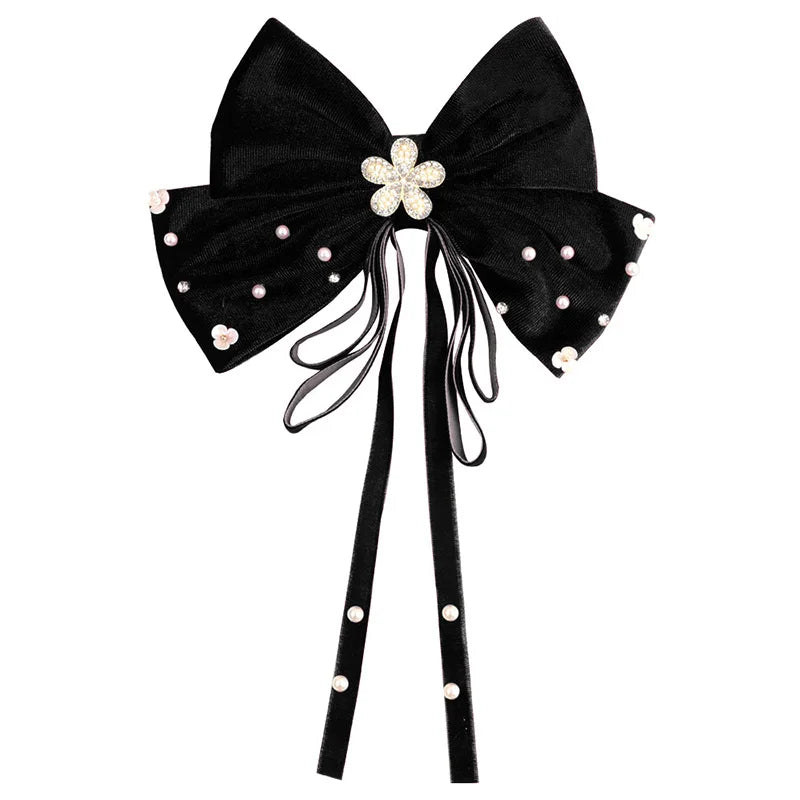 Long Ribbon Hair Bow Clips Big Bows Velvet rhinestones Barrette Vintage Women Hair Accessories French Hairpins Girls Hair Grips