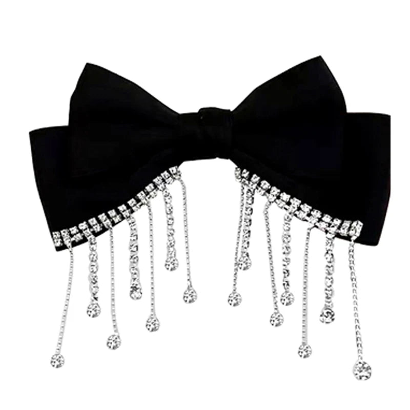 New Big Bow Bling Rhinestone Tassels Hair Clip Satin Hairpins Barrettes Ponytail Clip Elegant Shiny Double Bow Hairpin Heawear