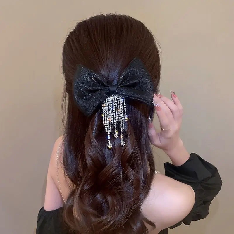 New Bow Rhinestone Tassel Hair Clips Barrettes Hairpins For Women Autumn Ponytail Clips Girls Hair Accessories Bling Headwear
