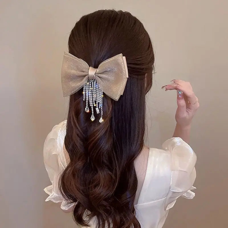 New Bow Rhinestone Tassel Hair Clips Barrettes Hairpins For Women Autumn Ponytail Clips Girls Hair Accessories Bling Headwear