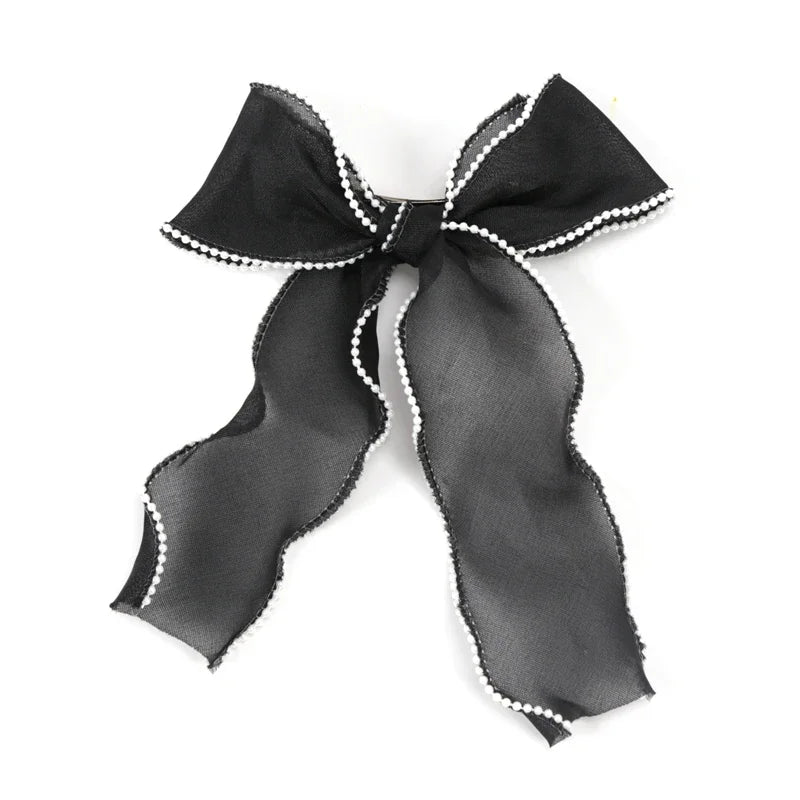 test--Women Korean Pearl Streamer Bows Hair Clip Ponytail Hairpin Duckbill Clip Pearl Chiffon Bowknot Hair Grips Barrettes Headdress