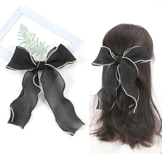 test--Women Korean Pearl Streamer Bows Hair Clip Ponytail Hairpin Duckbill Clip Pearl Chiffon Bowknot Hair Grips Barrettes Headdress