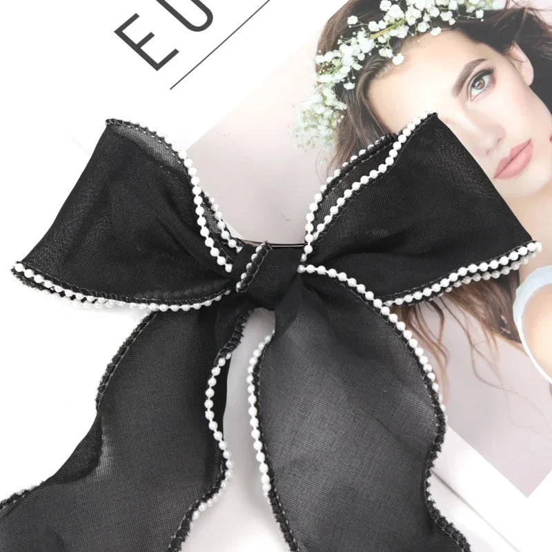 test--Women Korean Pearl Streamer Bows Hair Clip Ponytail Hairpin Duckbill Clip Pearl Chiffon Bowknot Hair Grips Barrettes Headdress