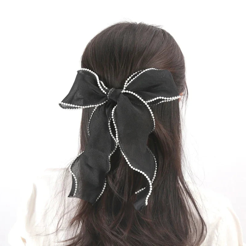 test--Women Korean Pearl Streamer Bows Hair Clip Ponytail Hairpin Duckbill Clip Pearl Chiffon Bowknot Hair Grips Barrettes Headdress
